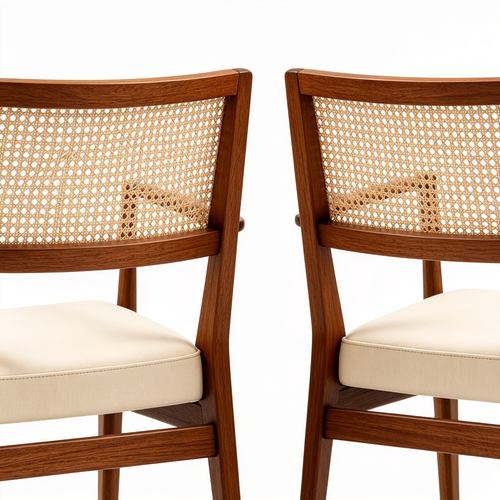 Jane Hug Modern Rattan Style Back Dining Room Chairs Set of 2, Mid-Century Kitchen Chair, Walnut/Creme